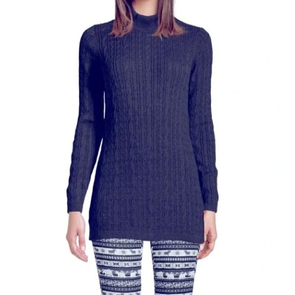 Lands End Cable Knit Fine Gauge Mock Neck Tunic Sweater Size M/P - Picture 2 of 12